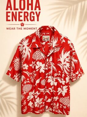 Red Pineapple-Print Camp Shirt by Vintage